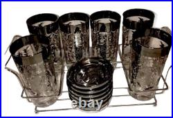 Rare? MCM 13 Pc Kimiko 6 Highball Glasses with 6 Coaster Set Knights Bar Ware