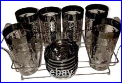 Rare? MCM 13 Pc Kimiko 6 Highball Glasses with 6 Coaster Set Knights Bar Ware