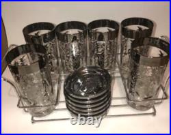 Rare? MCM 13 Pc Kimiko 6 Highball Glasses with 6 Coaster Set Knights Bar Ware
