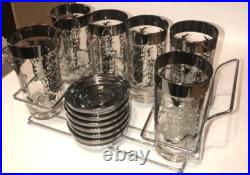 Rare? MCM 13 Pc Kimiko 6 Highball Glasses with 6 Coaster Set Knights Bar Ware