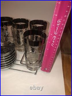 Rare? MCM 13 Pc Kimiko 6 Highball Glasses with 6 Coaster Set Knights Bar Ware