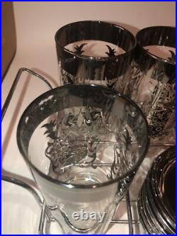 Rare? MCM 13 Pc Kimiko 6 Highball Glasses with 6 Coaster Set Knights Bar Ware