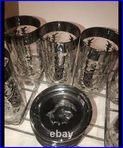 Rare? MCM 13 Pc Kimiko 6 Highball Glasses with 6 Coaster Set Knights Bar Ware