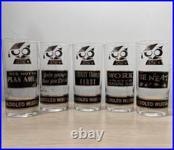 Rare MCM Vintage 60s Georges Briard Muddled Wisdom Owl Highball Glasses Set Of 5