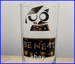 Rare MCM Vintage 60s Georges Briard Muddled Wisdom Owl Highball Glasses Set Of 5