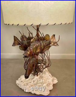 Rare MID Century Modern Brutalist Copper Fish On Coral Reef Table Lamp