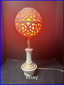 Rare MID Century Modern Ceramic Gold Stripe Lamp With Orange Filagree Shade
