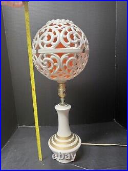 Rare MID Century Modern Ceramic Gold Stripe Lamp With Orange Filagree Shade