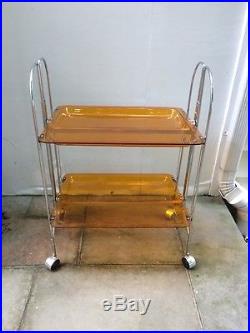 Rare MID Century Modern Chrome Bar Cart Trolley Wheels Orange Trays