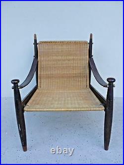 Rare MID Century Modern Frank Kyle Woven Reed, Rosewood And Leather Lounge Chair