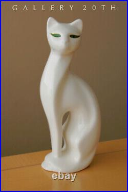 Rare! MID Century Modern Porcelain White Cat Sculpture! Vtg 1950s Green Eyes