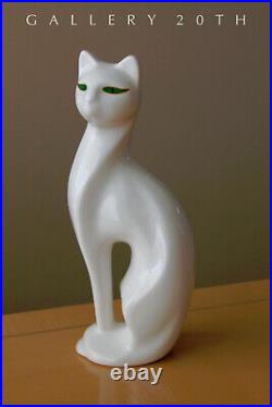Rare! MID Century Modern Porcelain White Cat Sculpture! Vtg 1950s Green Eyes