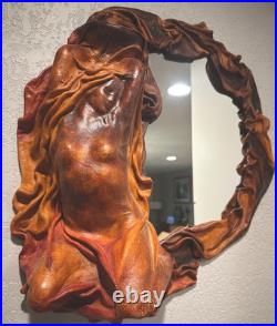 Rare Mcm Handcrafted Artisan Leather Sculpted Draped Molded Woman Wall Mirror