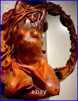 Rare Mcm Handcrafted Artisan Leather Sculpted Draped Molded Woman Wall Mirror