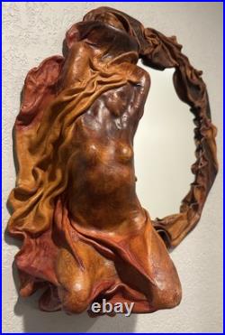 Rare Mcm Handcrafted Artisan Leather Sculpted Draped Molded Woman Wall Mirror