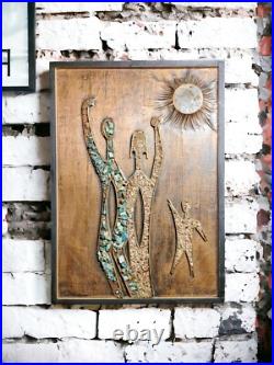 Rare Mid-Century Modern Abstract Mixed Media Wall Art Mother Father Child Signed
