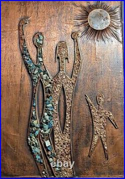 Rare Mid-Century Modern Abstract Mixed Media Wall Art Mother Father Child Signed