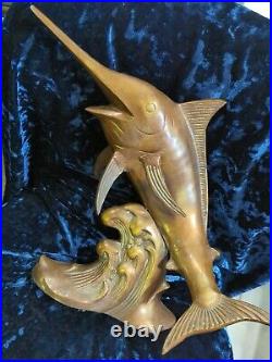 Rare Mid-Century Modern Brass Marlin Sculpture, Large Vintage Swordfish on Wave