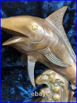 Rare Mid-Century Modern Brass Marlin Sculpture, Large Vintage Swordfish on Wave