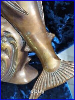 Rare Mid-Century Modern Brass Marlin Sculpture, Large Vintage Swordfish on Wave