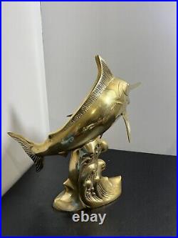 Rare Mid-Century Modern Brass Marlin Sculpture, Large Vintage Swordfish on Wave