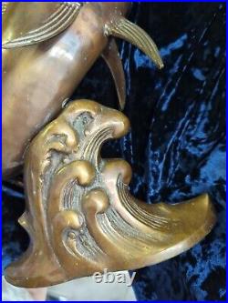 Rare Mid-Century Modern Brass Marlin Sculpture, Large Vintage Swordfish on Wave