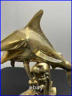 Rare Mid-Century Modern Brass Marlin Sculpture, Large Vintage Swordfish on Wave