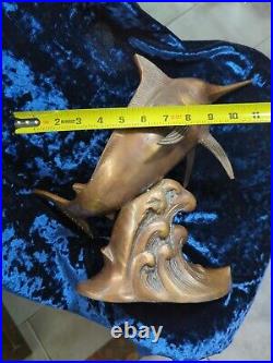 Rare Mid-Century Modern Brass Marlin Sculpture, Large Vintage Swordfish on Wave