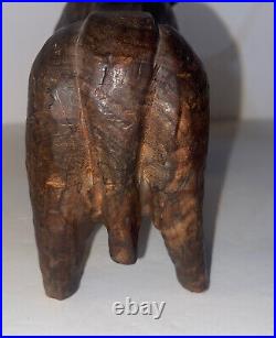 Rare Mid Century Modern Bull Sculpture Wood Hand Carved Metal Horns