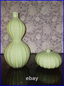 Rare Mid-Century Modern Fluted Gourd Shaped Glass Vase And Single Gourd Sister