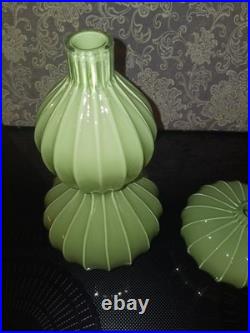 Rare Mid-Century Modern Fluted Gourd Shaped Glass Vase And Single Gourd Sister