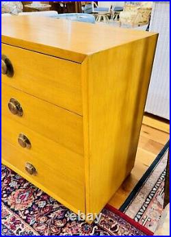 Rare Mid Century Modern Four Drawer Dresser with Iconic Round Brass Drawer Pulls Rare Mid Century Modern Four Drawer Dresser with Iconic Round Brass Drawer Pulls
