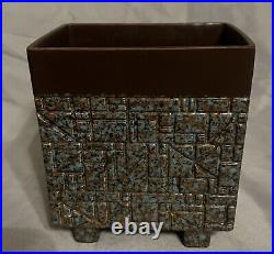 Rare Mid Century Modern Geometric Ceramic Rectangular Planter Brown Aqua Color