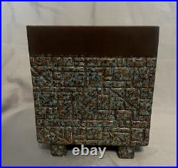 Rare Mid Century Modern Geometric Ceramic Rectangular Planter Brown Aqua Color