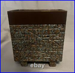 Rare Mid Century Modern Geometric Ceramic Rectangular Planter Brown Aqua Color