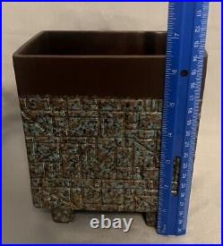 Rare Mid Century Modern Geometric Ceramic Rectangular Planter Brown Aqua Color