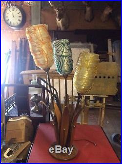 Rare Mid Century Modern High Spun Lucite Spaghetti & Wood Teak Leaves Lamp 42