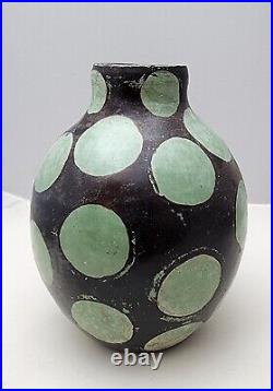 Rare Mid Century Modern Pablo Vilchez Signed Peru Vase Black with Blue Dots