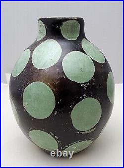 Rare Mid Century Modern Pablo Vilchez Signed Peru Vase Black with Blue Dots