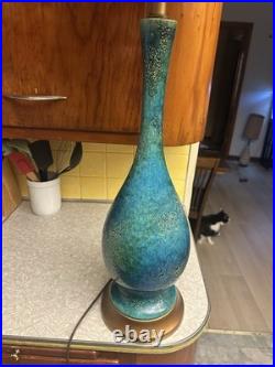 Rare Mid Century Modern Peacock Blue Etruscan Glaze Royal Haeger lamp 1960s-Work