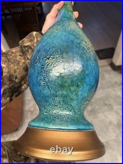 Rare Mid Century Modern Peacock Blue Etruscan Glaze Royal Haeger lamp 1960s-Work