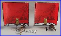 Rare Mid Century Modern Red Fiberglass Shade Boudoir Lamp Pair Asian Inspired