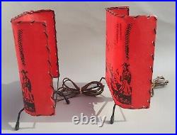 Rare Mid Century Modern Red Fiberglass Shade Boudoir Lamp Pair Asian Inspired