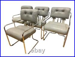 Rare Mid Century Modern Signed Guido Faleschini Gray Leather Chairs Set of Four