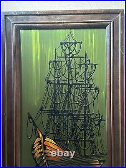 Rare Mid Century Sailing Galleon Pirate Ship At Sea Oil Drip Painting Signed Rio