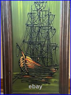 Rare Mid Century Sailing Galleon Pirate Ship At Sea Oil Drip Painting Signed Rio
