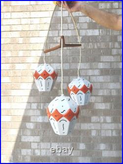 Rare Mid-century Modern 3 Ceramic Globes Teak Wood Ceiling Mount Light Fixture