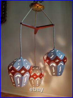 Rare Mid-century Modern 3 Ceramic Globes Teak Wood Ceiling Mount Light Fixture