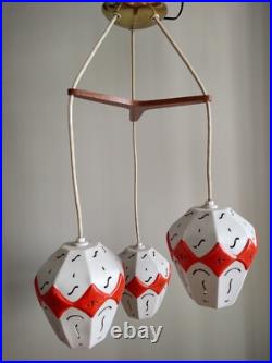 Rare Mid-century Modern 3 Ceramic Globes Teak Wood Ceiling Mount Light Fixture