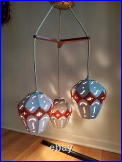 Rare Mid-century Modern 3 Ceramic Globes Teak Wood Ceiling Mount Light Fixture